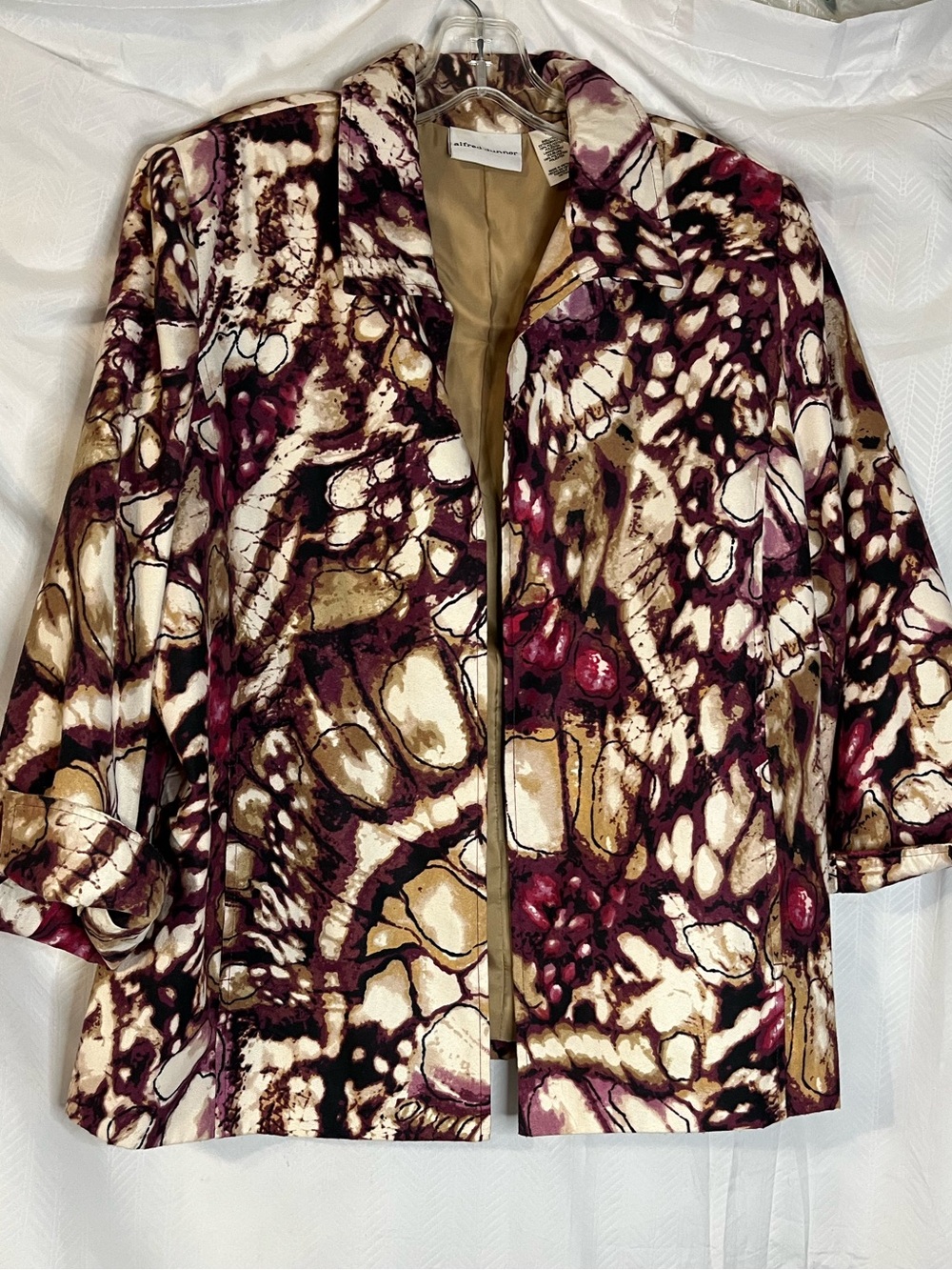 Alfred Dunner Abstract Print lined cardigan/Jacket in Cream,Tan & Berry Size 12